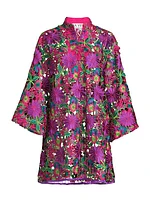 Floral-Embroidered Mini Caftan