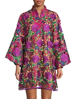 Floral-Embroidered Mini Caftan