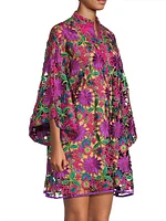 Floral-Embroidered Mini Caftan