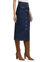 Jewel Denim Button-Up Midi-Skirt