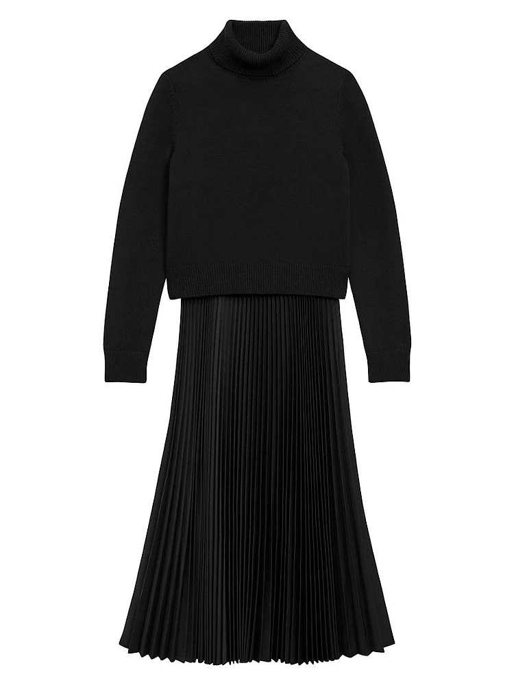 Turtleneck Wool-Blend Pleated Sweaterdress