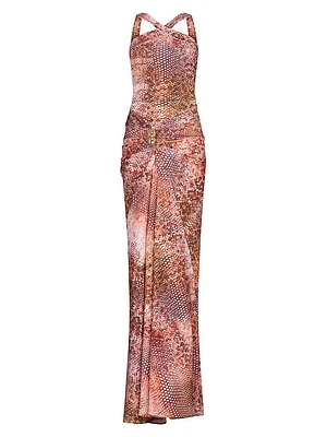Toyah Snake-Print Ruched Halterneck Maxi Dress