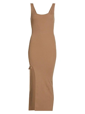 Ruched Rib-Knit Midi-Dress