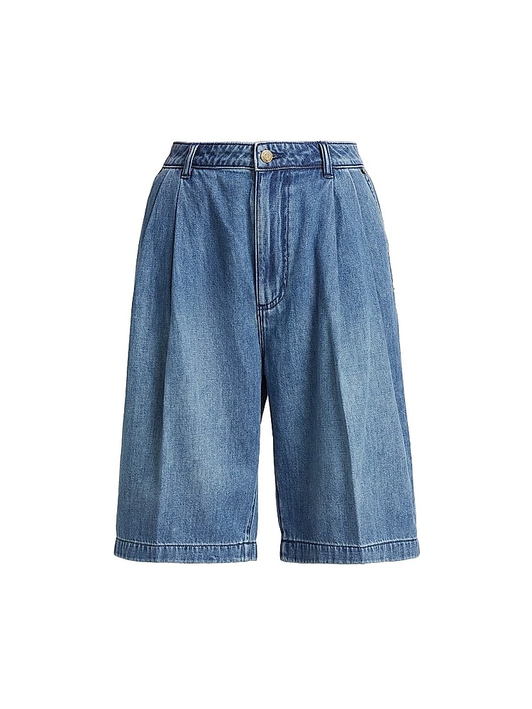 Pleated Denim Bermuda Shorts