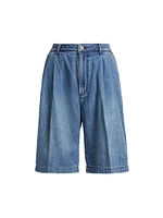 Pleated Denim Bermuda Shorts