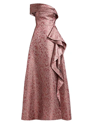 Ruffle Metallic Jacquard Off-The-Shoulder Gown