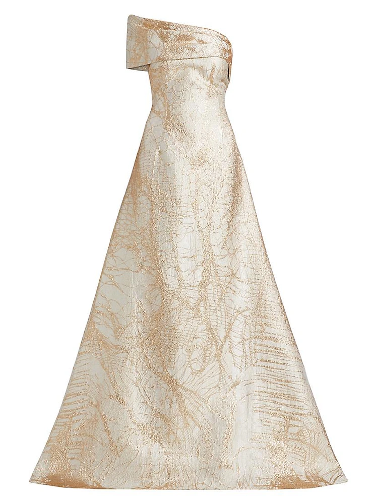 Metallic Jacquard Fit & Flare One-Shoulder Gown