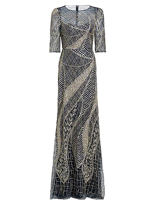 Embellished Tulle Boatneck Gown