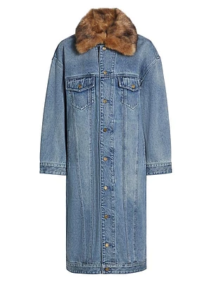 Faux Fur-Trimmed Oversized Denim Coat