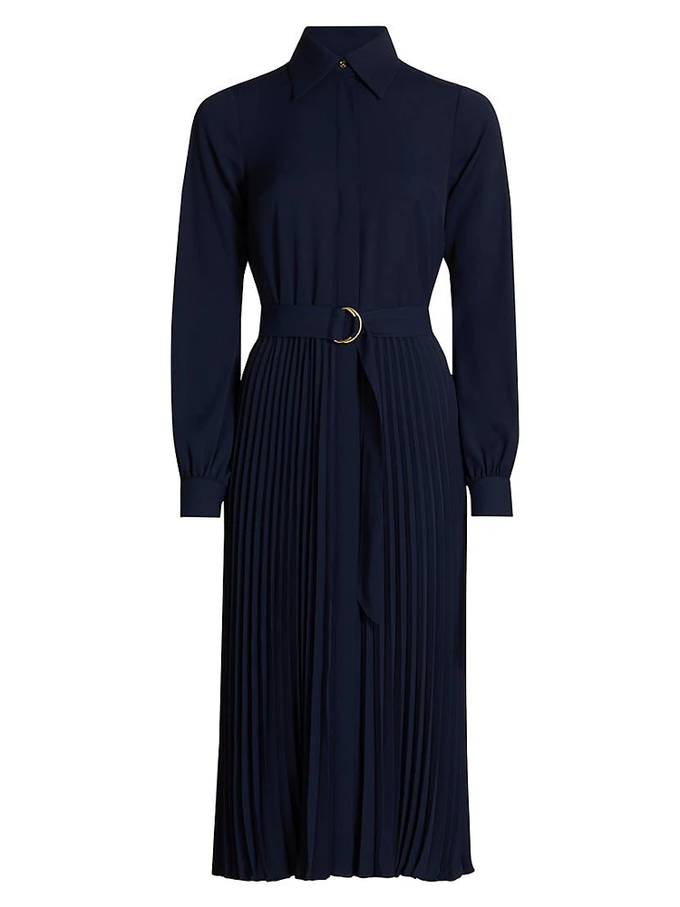 Pleated Satin Crepe Belted Shirtdress