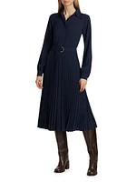 Pleated Satin Crepe Belted Shirtdress