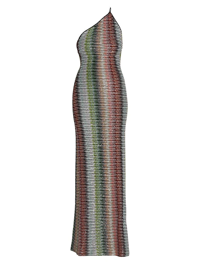 Zigzag Embellished Knit One-Shoulder Maxi Dress