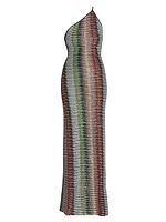 Zigzag Embellished Knit One-Shoulder Maxi Dress