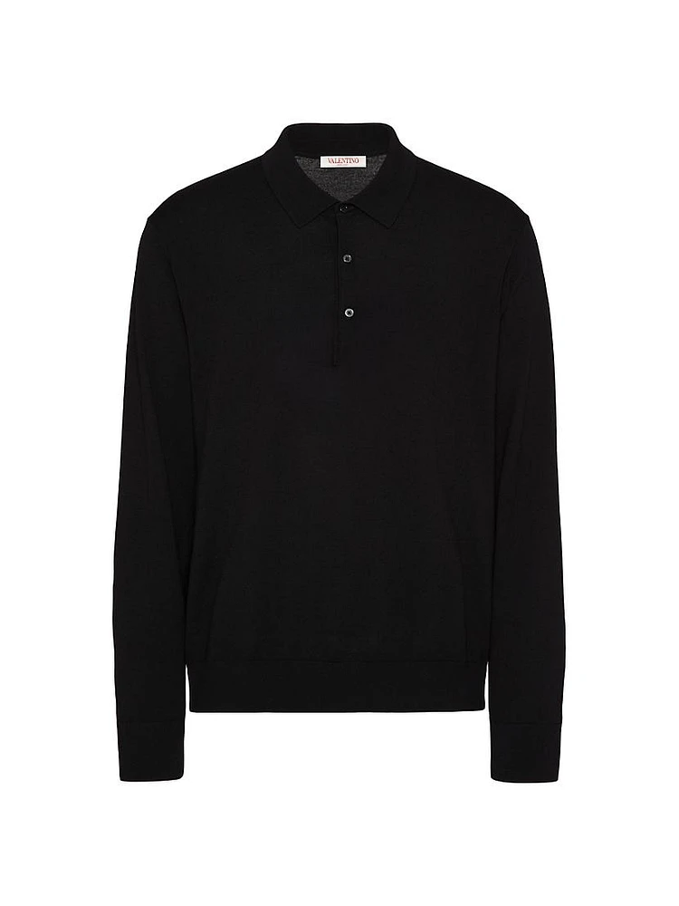 Long-Sleeve Wool Polo Shirt with VLogo Signature Embroidery