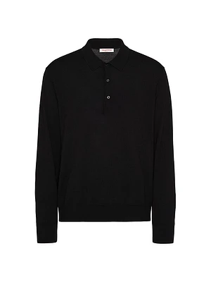 Long-Sleeve Wool Polo Shirt with VLogo Signature Embroidery