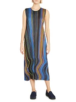 Warp Pleated Striped Midi-Dress