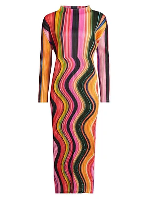 Warp Pleated Striped Midi-Dress