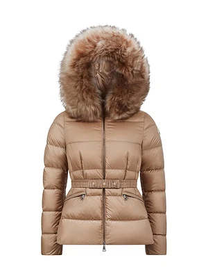 Boed Belted Short Jacket with Shearling Hood Trim