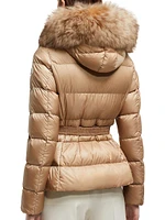 Boed Belted Short Jacket with Shearling Hood Trim