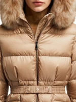 Boed Belted Short Jacket with Shearling Hood Trim