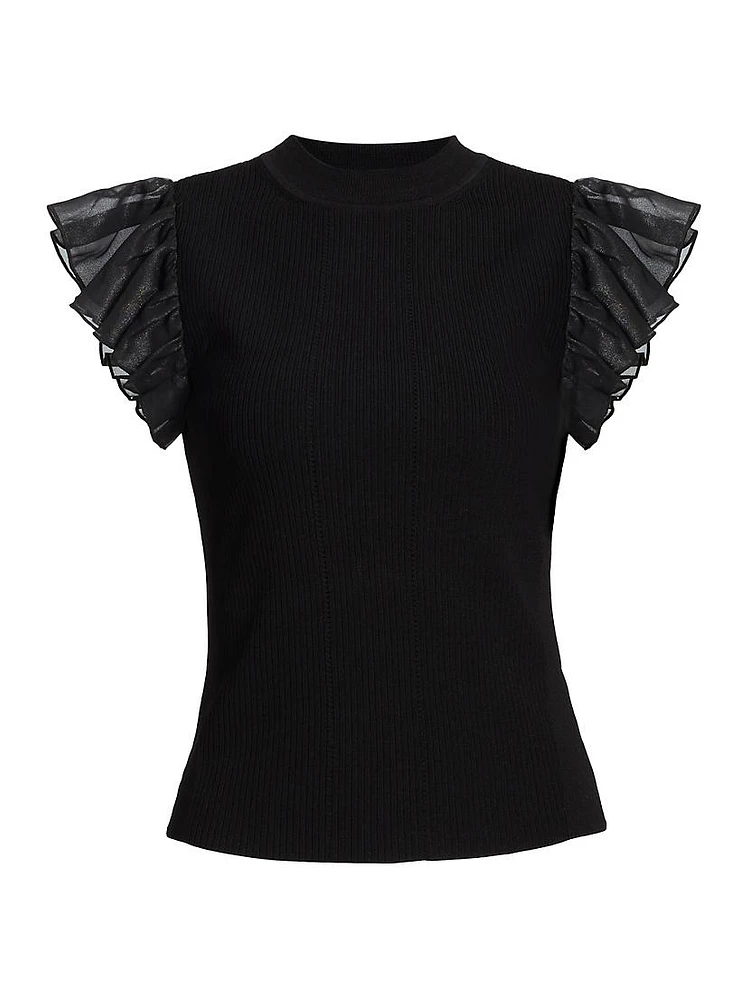 Rib-Knit Flutter-Sleeve Top