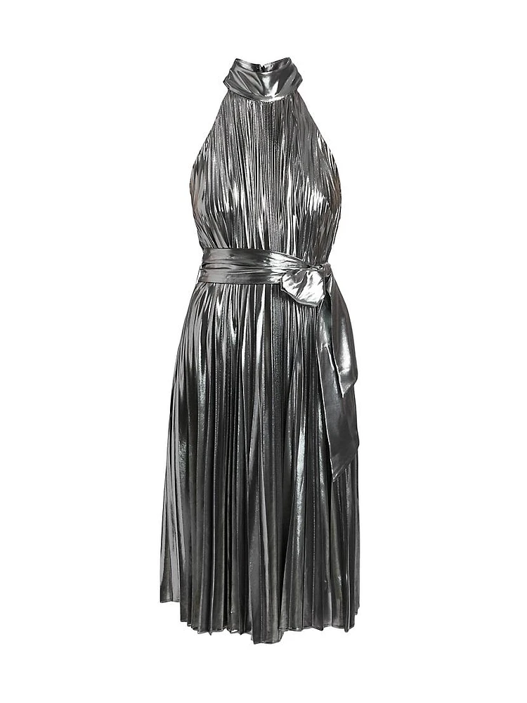 Idena Metallic Pleated Halter Midi-Dress