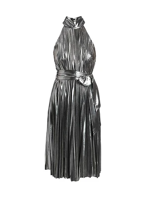 Idena Metallic Pleated Halter Midi-Dress
