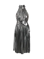 Idena Metallic Pleated Halter Midi-Dress