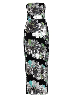 Orion Sequin-Embellished Floral Velvet Strapless Maxi Dress