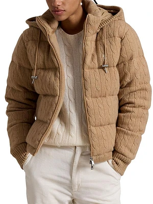 Wool-Blend Cable-Knit Hooded Down Jacket