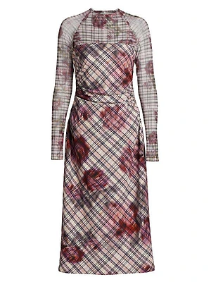 Edith Floral & Plaid Mesh Long-Sleeve Midi-Dress