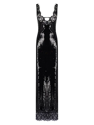 Raine Lace-Trimmed Sequined Column Gown
