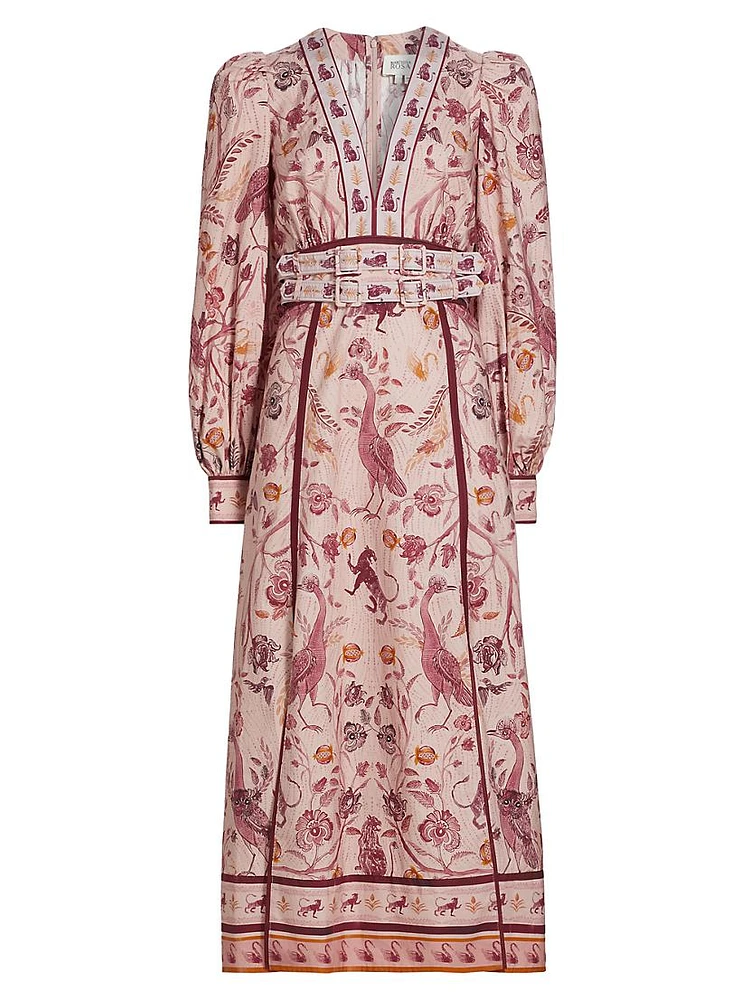 Printed Cotton Belted Midi-Dress