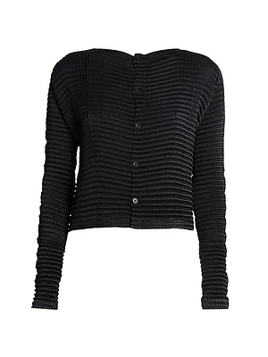 Suede Like Pleats Crewneck Cardigan