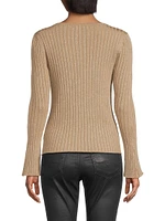 Metallic Rib-Knit V-Neck Cardigan