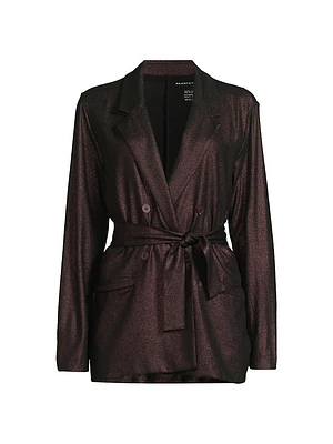 Metallic Soft Tie-Waist Double-Breasted Blazer