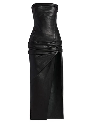 Gathered Leather Strapless Maxi Dress