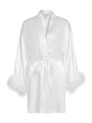 Zayla Feather-Trimmed Satin Tie-Waist Wrap