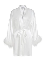 Zayla Feather-Trimmed Satin Tie-Waist Wrap