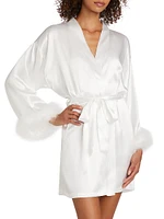 Zayla Feather-Trimmed Satin Tie-Waist Wrap