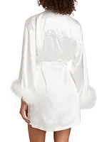 Zayla Feather-Trimmed Satin Tie-Waist Wrap