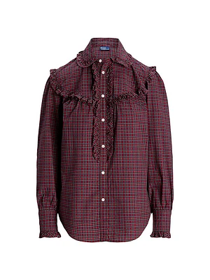 Ruffled Plaid Cotton Long-Sleeve Shirt