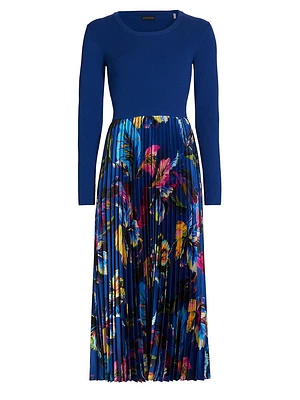 Mave Mix Media Pleated Midi-Dress