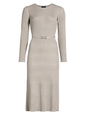 Leith Metallic Rib-Knit Belted Midi-Dress