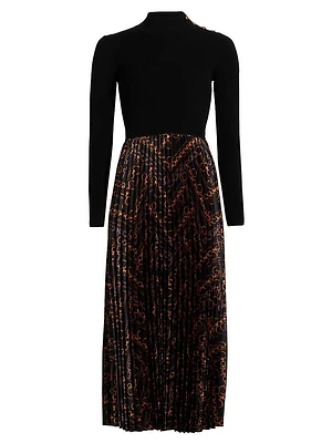 The Mave Mixed-Media Gilded Chain Print Sweater Dress