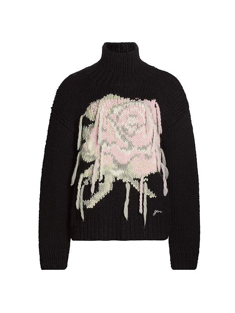 Floral Graphic Wool Turtleneck Sweater