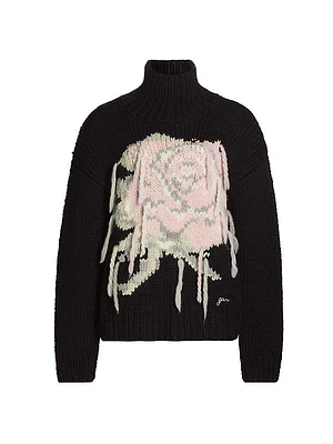 Floral Graphic Wool Turtleneck Sweater