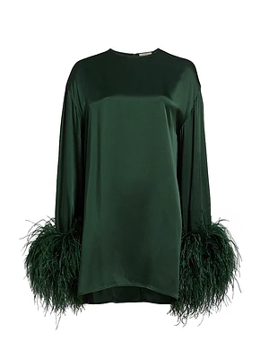 Feather-Trimmed Satin Shift Minidress