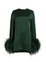 Feather-Trimmed Satin Shift Minidress
