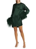 Feather-Trimmed Satin Shift Minidress